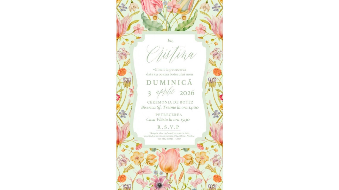 Invitație digitală botez fetița Flori pe fundal verde mentă 1